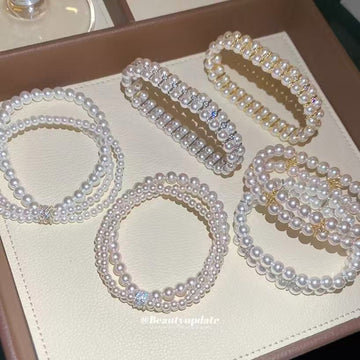 White Faux Pearl Multi-Strand Bracelets Gold Silver Accents