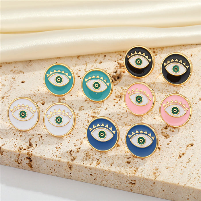 Gold Tone Round Enamel Evil Eye Stud Earrings in Five Colors