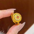 Gold Round Filigree Flower Disc Open Ring Red Center Stone view 3