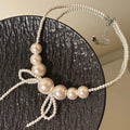 White Pearl Look Bow Fringe Collar Necklace with Metal Tone Details view 6