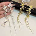 Gold and Silver Bamboo Leaf Long Chain Tassel Stud Earrings view 2
