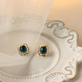 Blue Green Square Cabochon Stud Earrings Gold Wavy Frames view 4