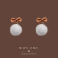 Caramel Enamel Bow White Fluffy Pom Ball Stud Earrings view 3