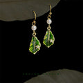 Green Enamel Leaf Pearl Hook Drop Earrings Gold Tone view 1