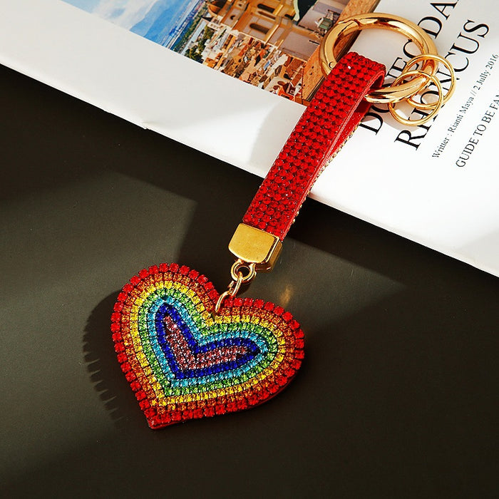 Full Crystal Rainbow Heart Keychain with Gold Tone Ring and Clasp