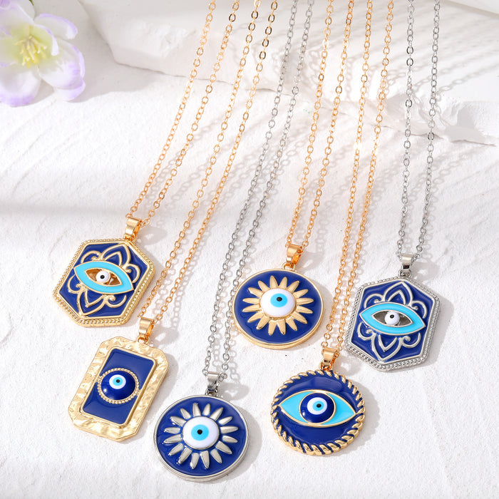Gold and Silver Tone Blue Enamel Evil Eye Pendant Necklaces