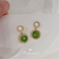 Green Round Cabochon Drop Earrings Pearl Crystal Halo view 3