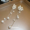 White Floral Pearl Tassel Drop Earrings With Decorative Details view 4