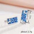 Silver Blue White Lotus Enamel Wide Hoop Latch Earrings view 4