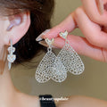Openwork Heart Drop Stud Earrings With Crystal Tops view 2