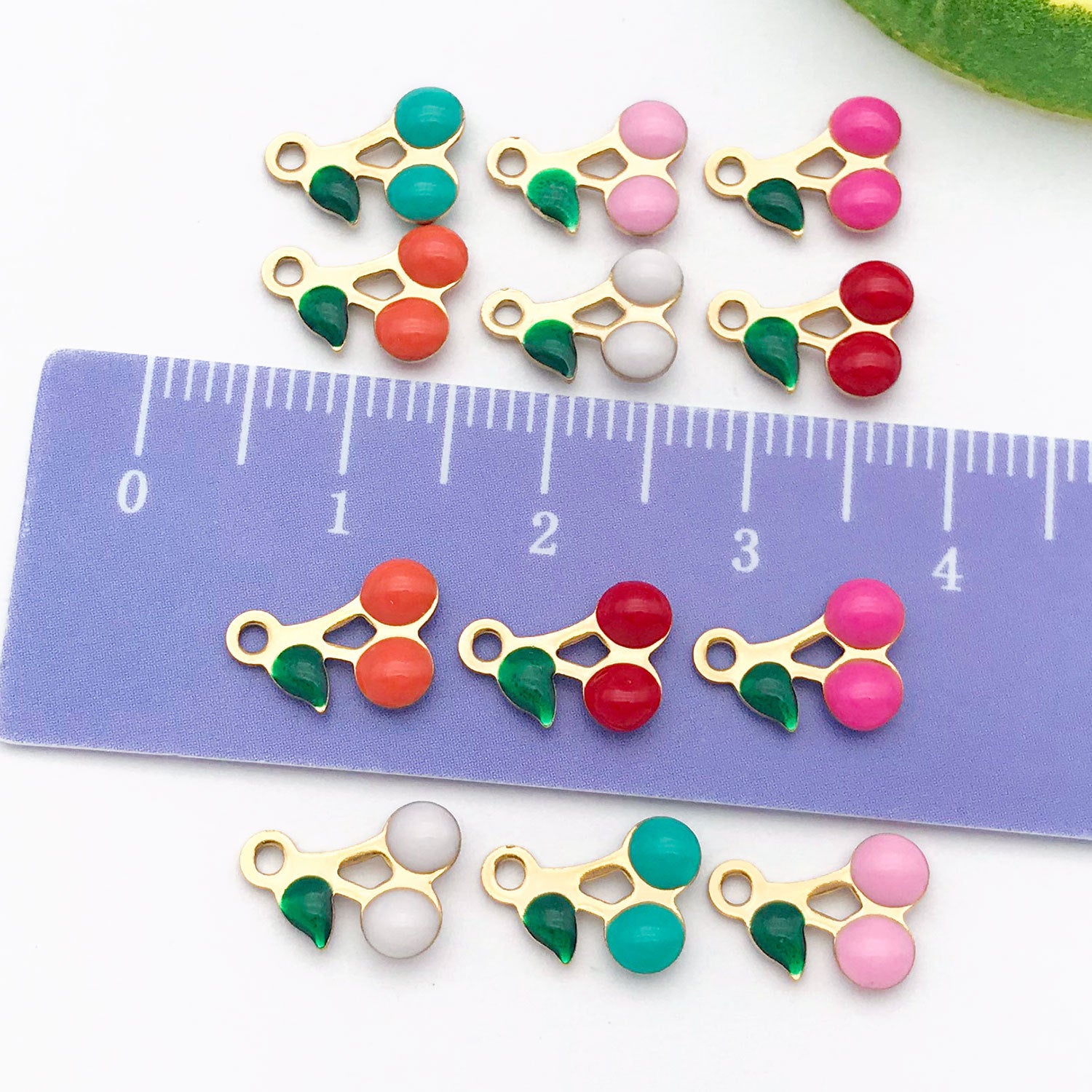 Enamel Stainless Steel Cherry Charm Pendants for Bracelet Necklace Earring Jewelry Making