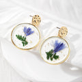 Gold Tone Round Pressed Flower Resin Drop Stud Earrings view 3