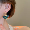 Blue Green Shell Fan Hook Earrings with Gold Tone Tops view 4