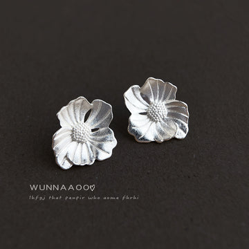 Silver-Tone Textured Flower Stud Earrings Matte Finish