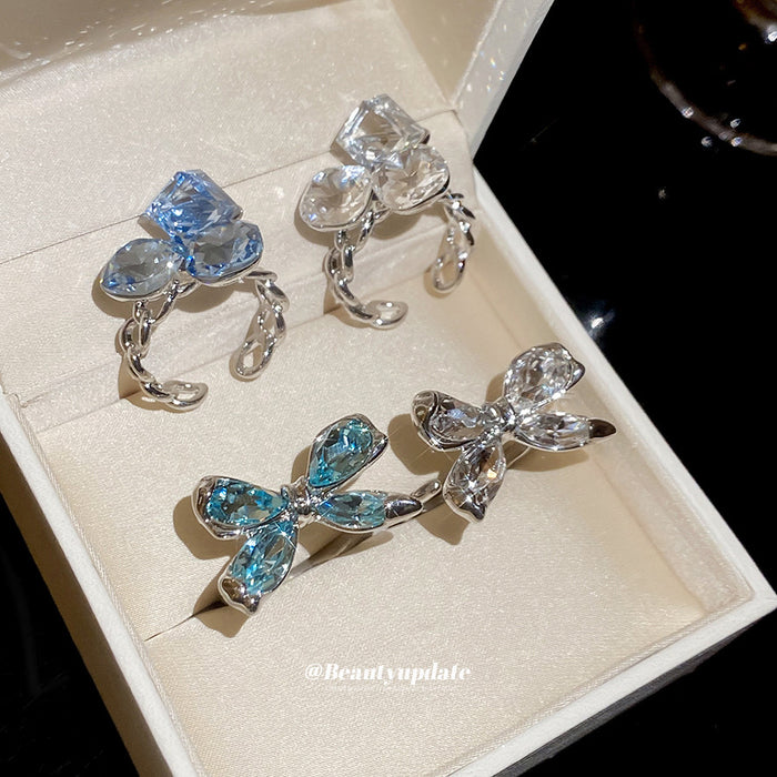Silver Open Rings Crystal Bow and Geometric Cluster Four Styles