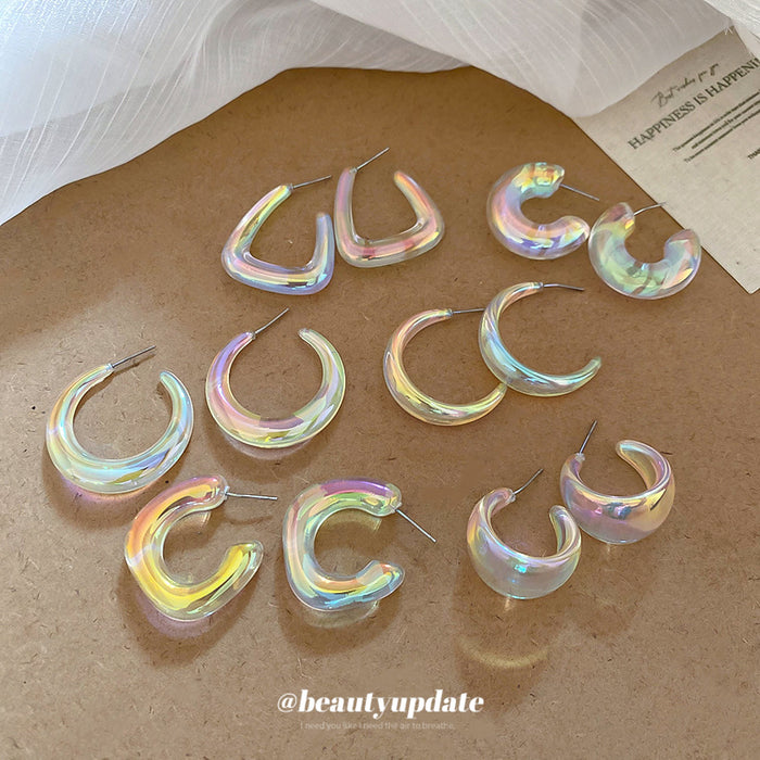 Iridescent Geometric Chunky Hoop Stud Earrings with Polished Metal Details