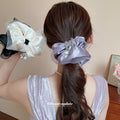Black Satin Sheer Edge Scrunchie With Pearl Like Drop view 1