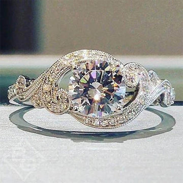 Silver Tone Round Clear Stone Leaf Detail Engagement Style Ring