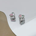 Silver Heart Huggie Earrings Pink Square Green Accent view 3