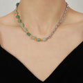 Green Natural Stone Bead Necklace Silver Chain Gold Spacers view 3