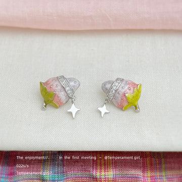 Pink Enamel Strawberry Stud Earrings Star Drop Charms