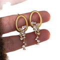 Oval Frame Crystal Tassel Stud Earrings With Decorative Metal Details view 5