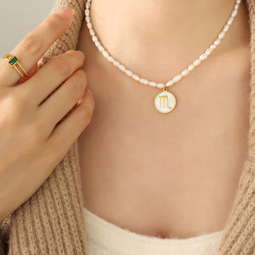 Pearl Strand Zodiac Disc Pendant Necklace Gold Shell Inlay
