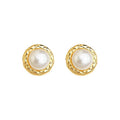 Gold Tone Round Openwork Pearl Stud Earrings With Textured Frame view 5