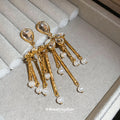 Gold Tone Crystal Bar Fringe Earrings with Pearl Drops view 4