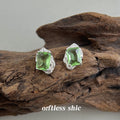 Silver Tone Pale Green Rectangular Stone Crystal Edge Stud Earrings view 3