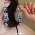 Antique Silver Cat Drop Earrings with Purple Crystal Cabochons view 1
