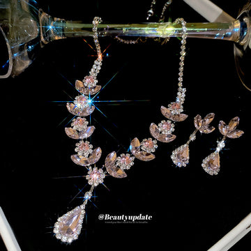 Pink Crystal Flower Teardrop Necklace and Earring Set