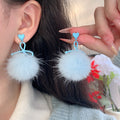 Purple Heart Bow and Fuzzy Pom Pom Long Drop Earrings view 4