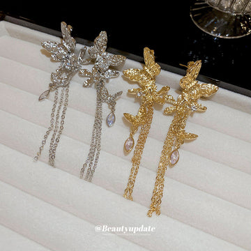 Star And Moon Chain Tassel Stud Earrings With Decorative Details