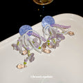 Blue Purple Floral Bow and Crystal Tassel Earrings view 4