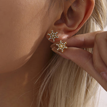 Gold Tone Snowflake Stud Earrings Set With Zircon Stones
