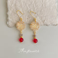 Gold Hook Cream Chrysanthemum Glass Red Bead Earrings view 4