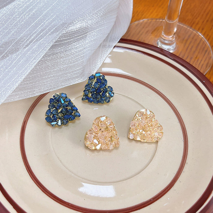 Blue Crystal Cluster Heart Stud Earrings Gold Frame