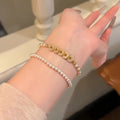 Gold Crystal Coin Pearl Dual Strand Bracelet Lobster Clasp view 2