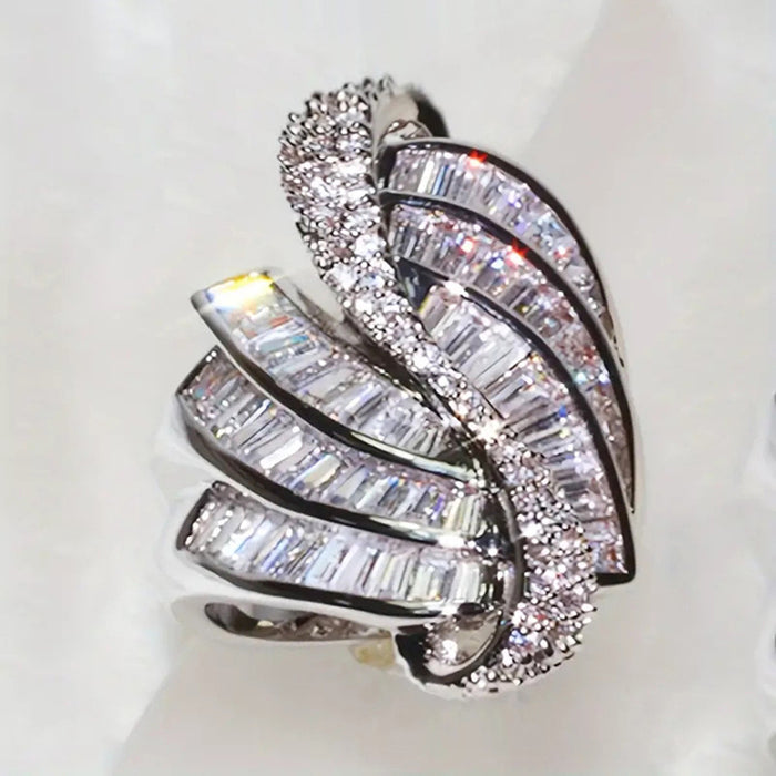 Baguette Leaf Statement Ring In Polished Silver Tone