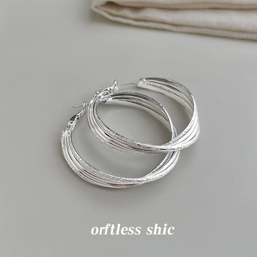 Silver Tone Layered Texture Large Round Hoop Earrings For Women