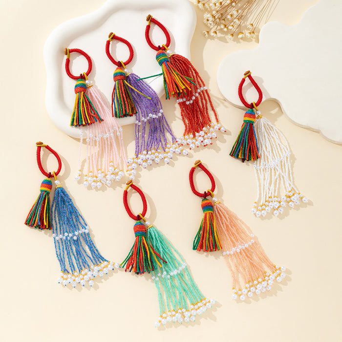 Beaded Tassel Bag Charm Pendant With Pearl Trim Seven Colors