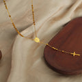 Gold Tone Beaded Rosary Style Cross Pendant Lariat Necklace view 3