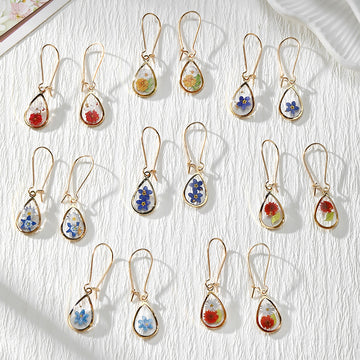 Gold Tone Small Teardrop Pressed Flower Drop Earrings in Eight Designs