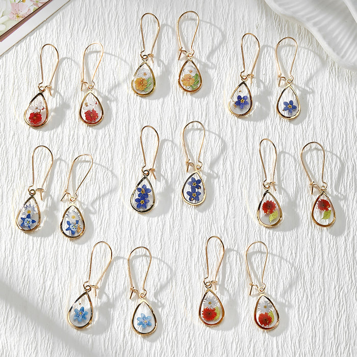 Gold Tone Small Teardrop Pressed Flower Drop Earrings in Eight Designs