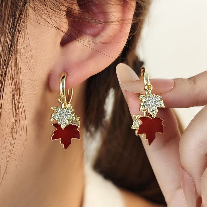 Red Maple Leaf Crystal Look Gold Tone Huggie Earrings
