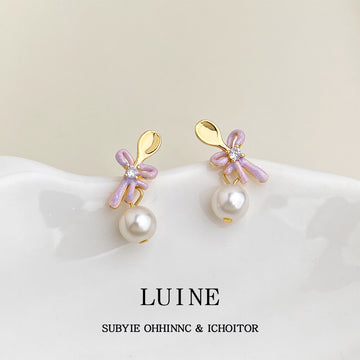 Gold Tone Spoon Top Purple Bow And White Pearl Stud Earrings