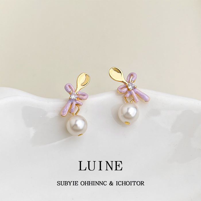 Gold Tone Spoon Top Purple Bow And White Pearl Stud Earrings