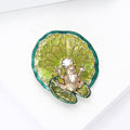 Gold Frog Lily Pad Brooch Green Enamel Rhinestone Pin view 4