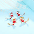 Koi Fish Stud Earrings Red Enamel Gold Silver Tone Clear Eyes view 2